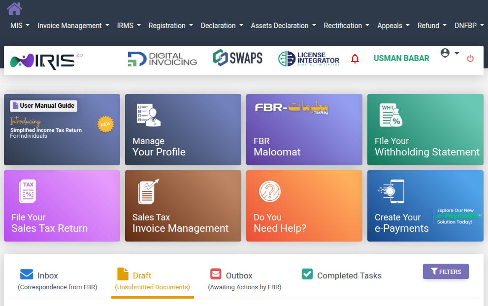 FBR IRIS Portal Dashboard showing Digital Invoicing option
